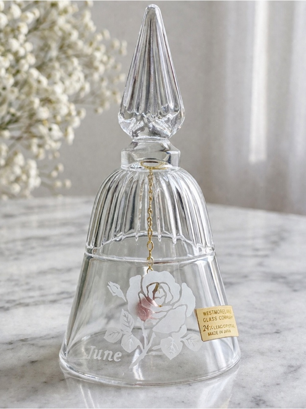Vintage Westmoreland Lead Crystal Bell Japan Etched Rose June Collectible